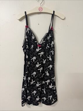 PLAYBOY Black and White Bunny Print Slip with Pink Accents Y2K